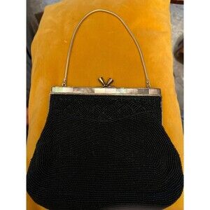 Vintage 1950’s Black Glass Beaded Bag Evening Purse Abalone inlay Gold Chain